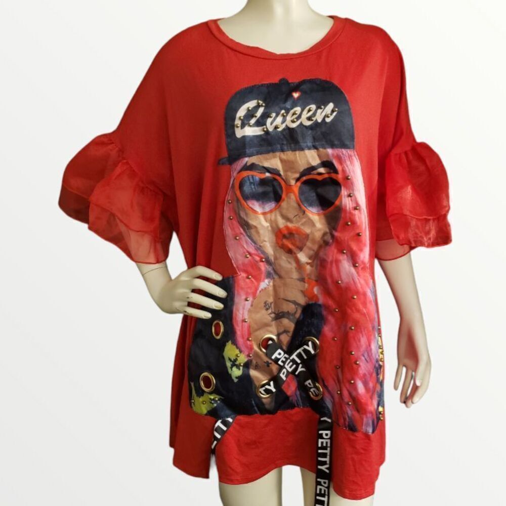 Minette Graphic Queen Red Top with Tulle Puff Sleeves Petty Ribbons 3XL EUC